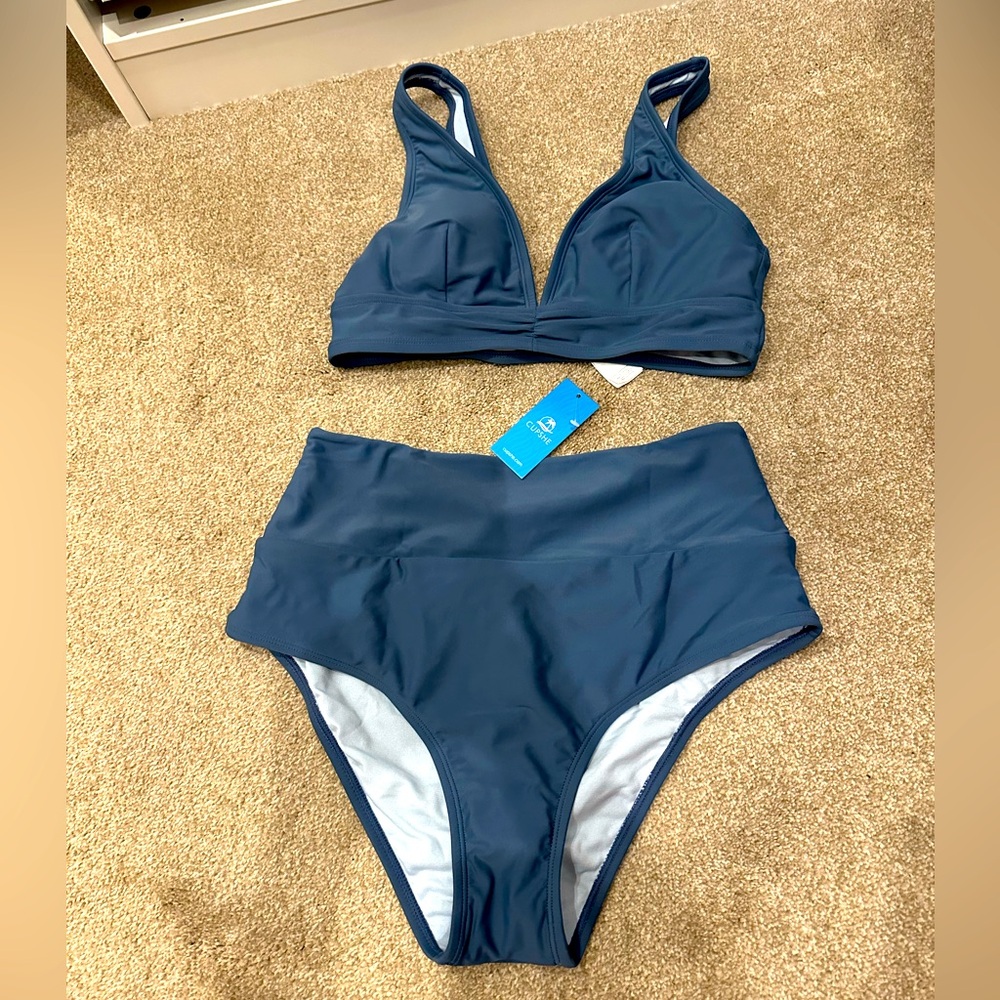 Cupshe Dusty Blue high-rise (full coverage) bikini